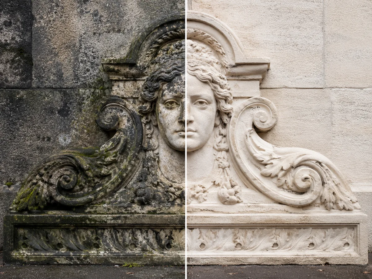 Fassade und Stein reinigen mit Laser – Vorher/Nachher (KI-Visualisierung)